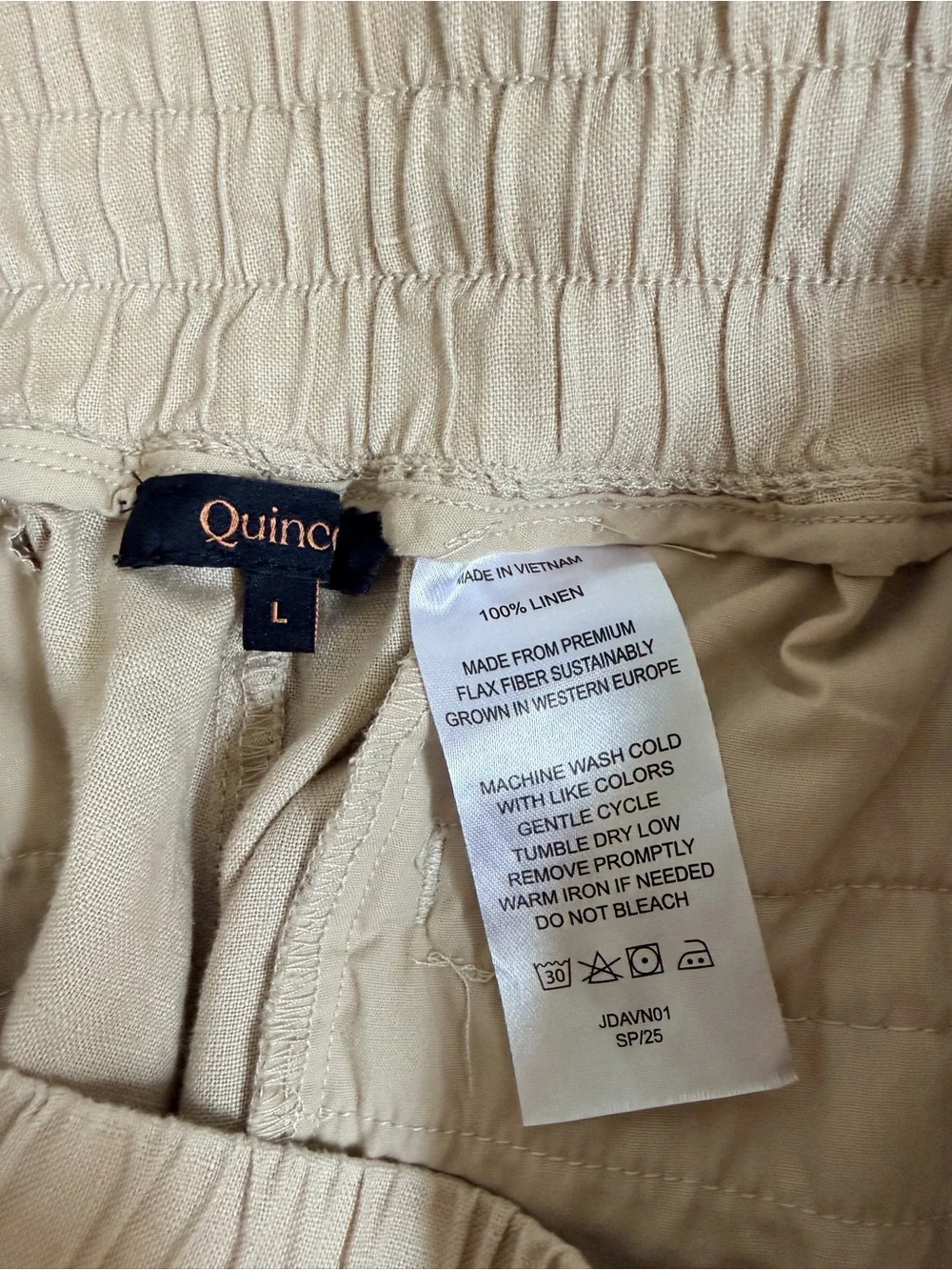 Quince Wide Leg 100% Linen Pants Size Large Tan Wide Elastic Drawstring Waist